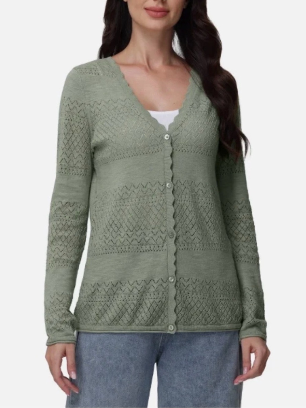 Frye Women's Button Front Cotton Intricate Pointelle Cardigan Sweater Sage Green